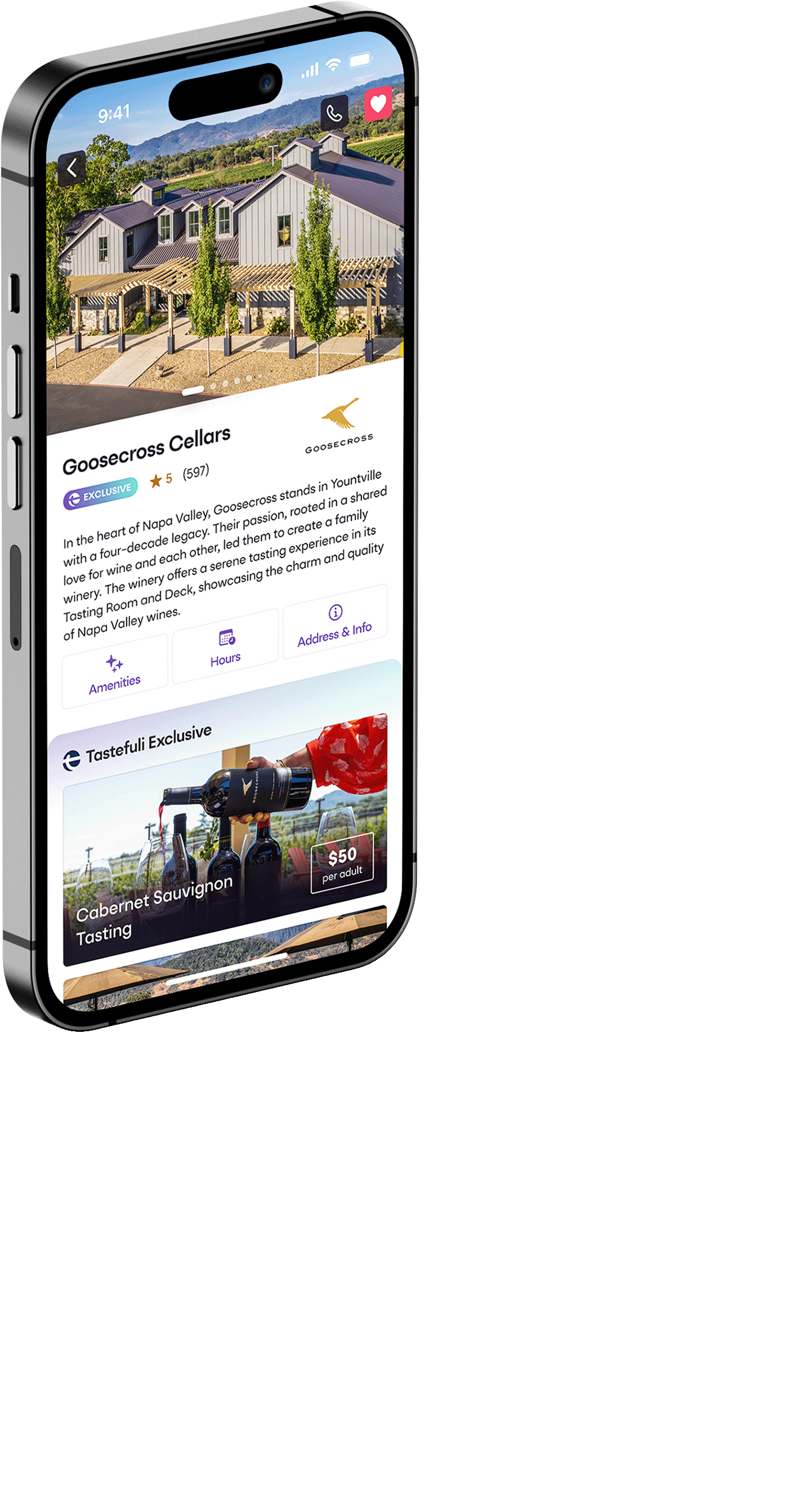Screenshot of app showing winery information