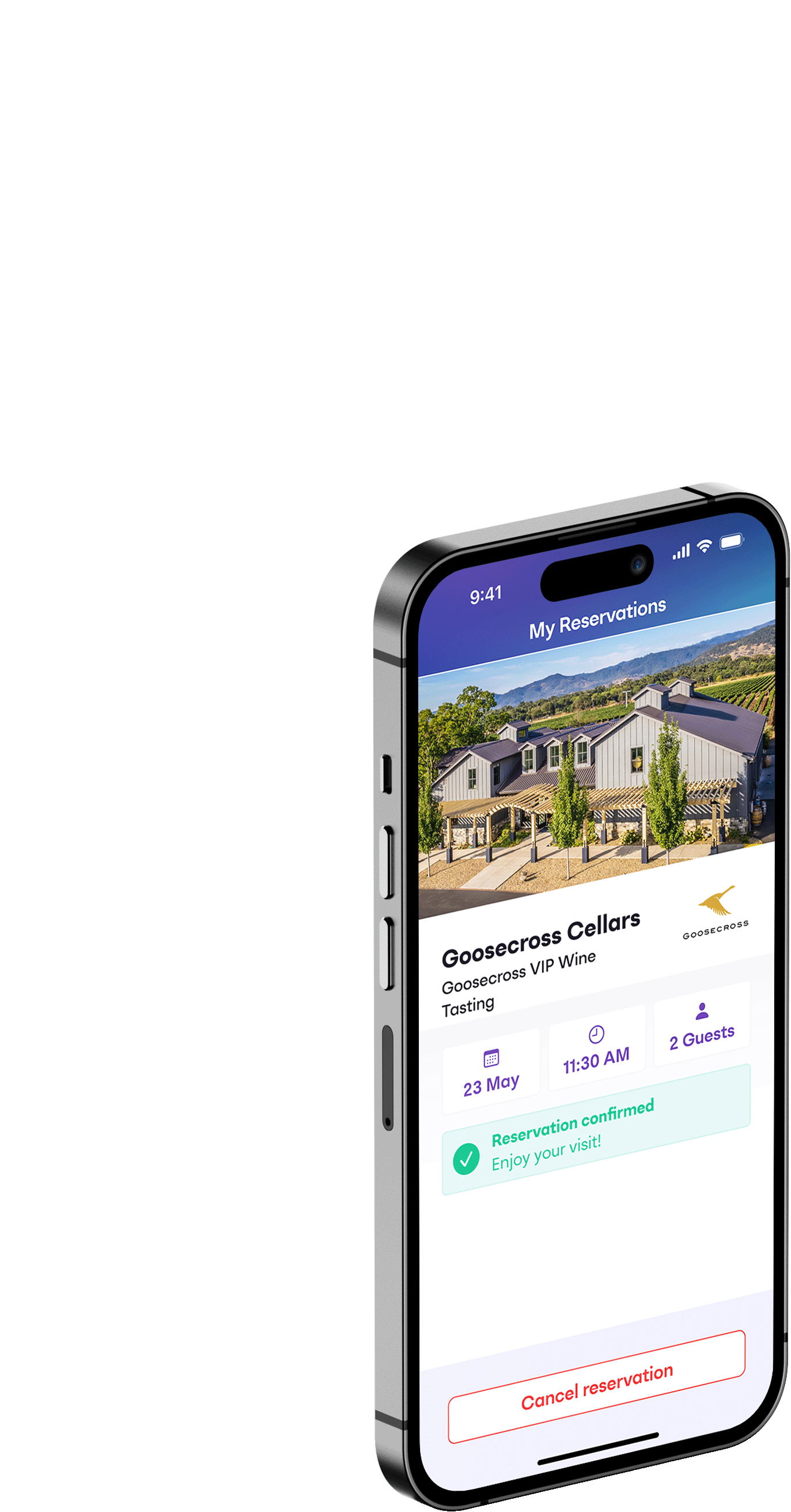 Screenshot of app showing an reservation which has been confirmed